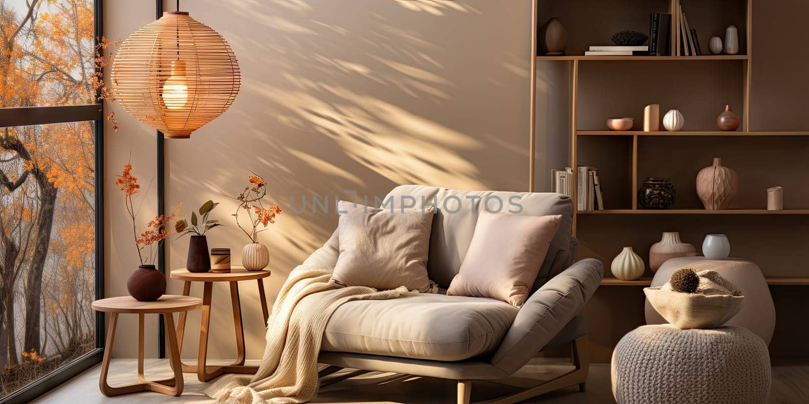 Contemporary apartment home interior design concept, casual design background concept, earthy materials and color tones, details, beautiful concept in the morning sunlight by Generative AI.