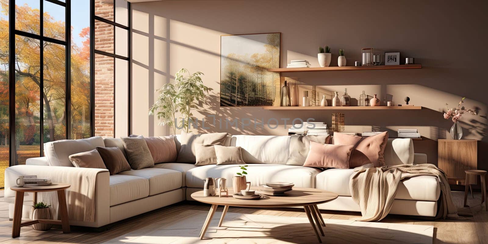 Contemporary apartment home interior design concept, casual design background concept, earthy materials and color tones, details, beautiful concept in the morning sunlight by Generative AI.