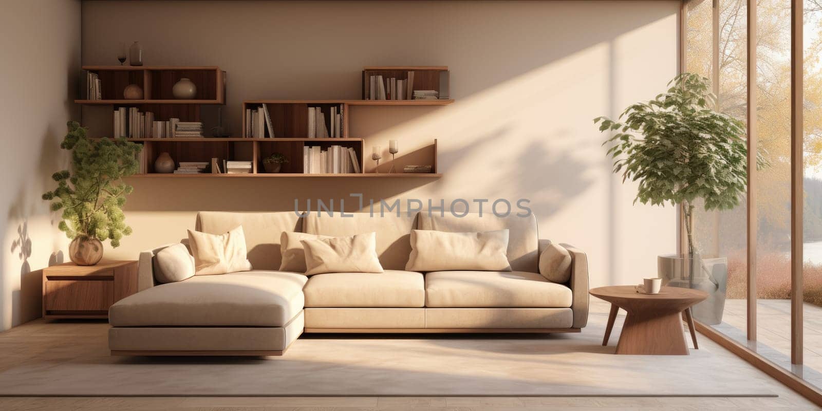 Contemporary apartment home interior design concept, casual design background concept, earthy materials and color tones, details, beautiful concept in the morning sunlight by Generative AI.