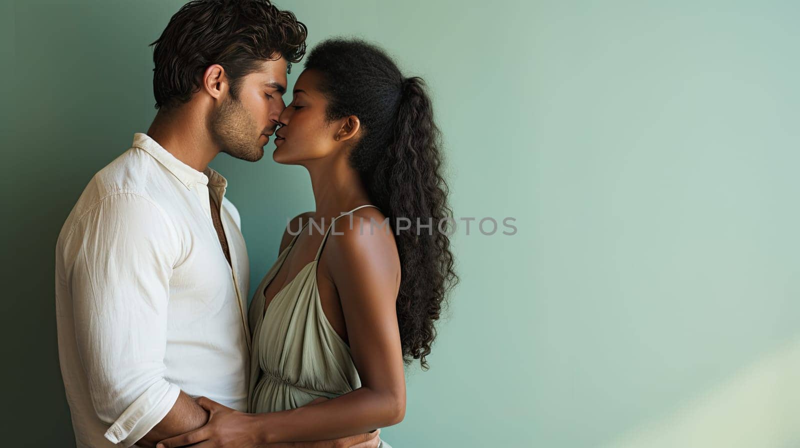 Interracial couple in love kissing with a light green pastel isolated background.