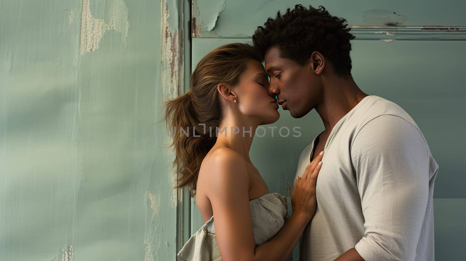 Interracial boyfriend and girlfriend kissing with copy space.