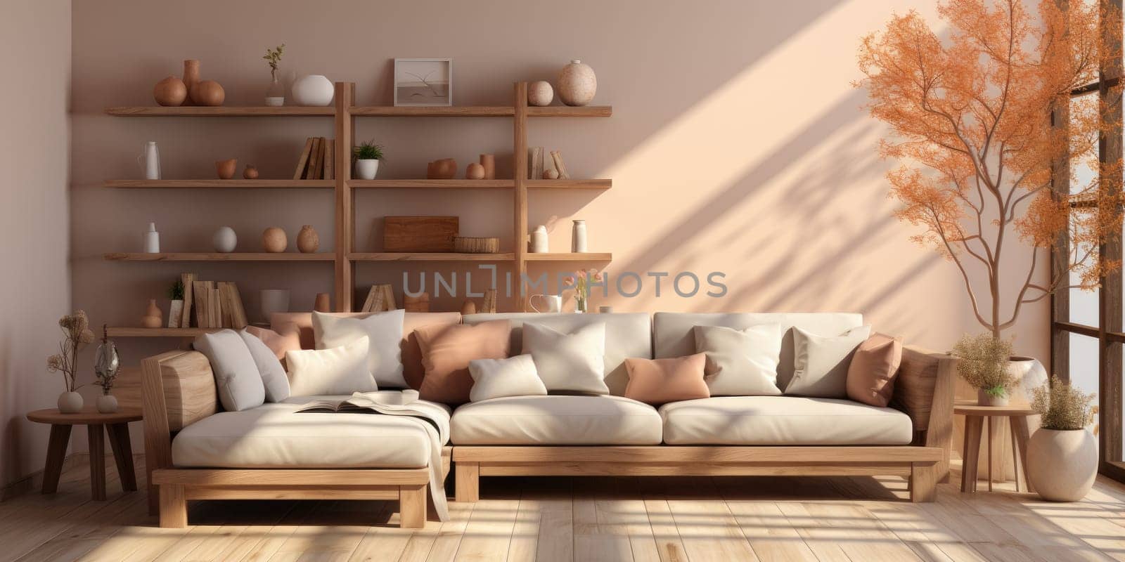 Contemporary apartment home interior design concept, casual design background concept, earthy materials and color tones, details, beautiful concept in the morning sunlight by Generative AI.