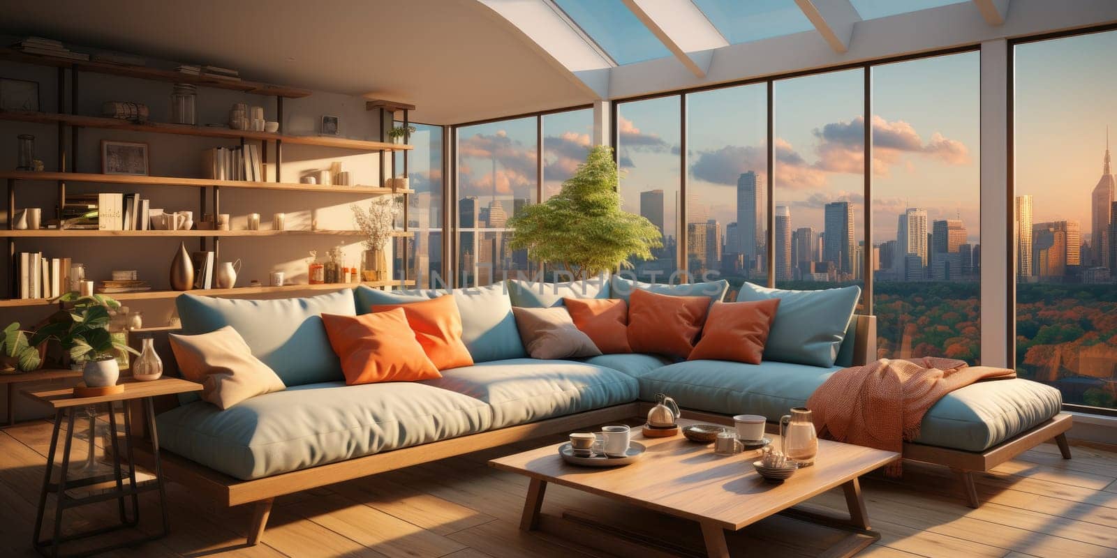 Contemporary apartment home interior design concept, casual design background concept, earthy materials and color tones, details, beautiful concept in the morning sunlight by Generative AI.