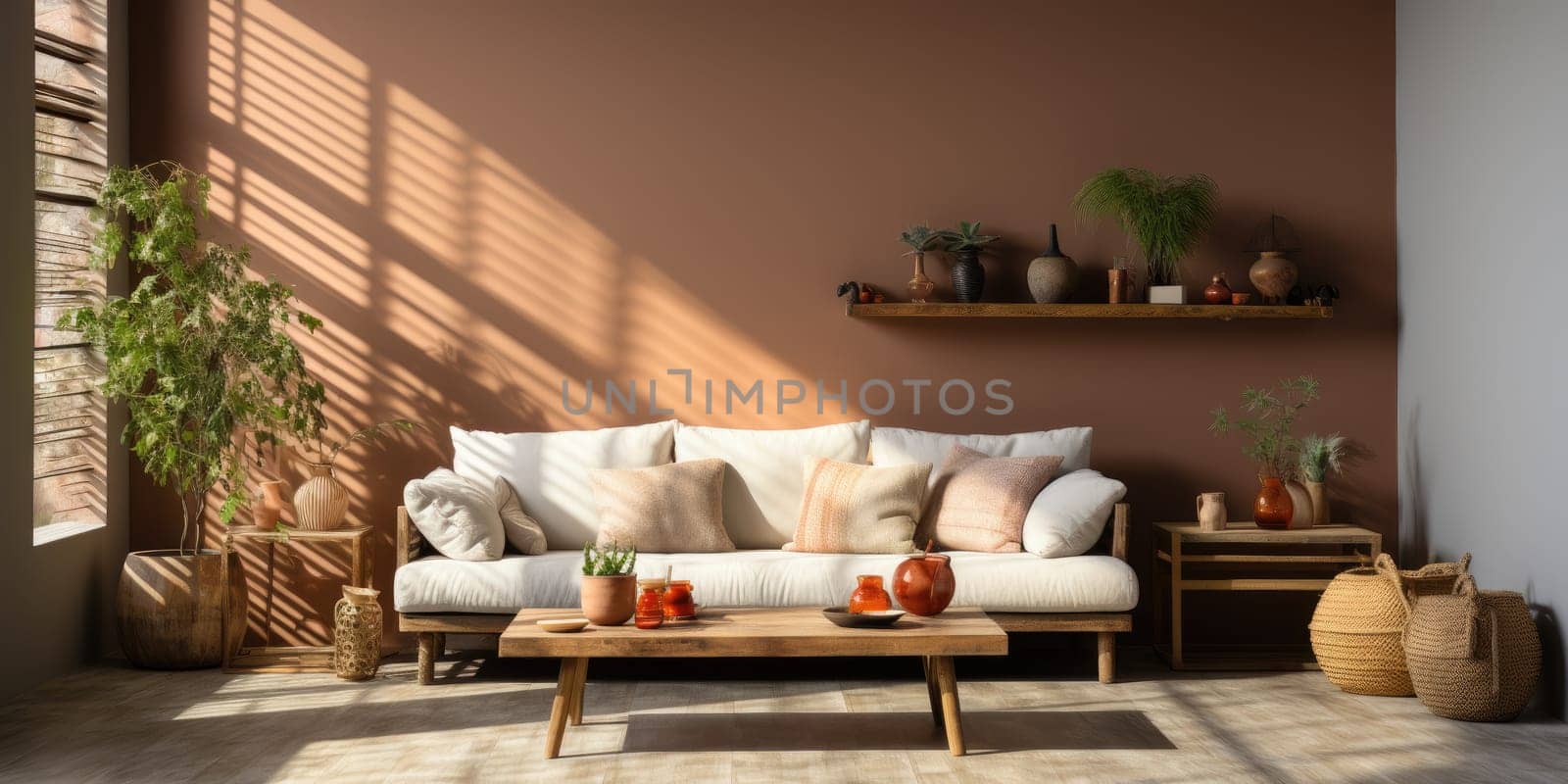 Contemporary apartment home interior design concept, casual design background concept, earthy materials and color tones, details, beautiful concept in the morning sunlight by Generative AI.