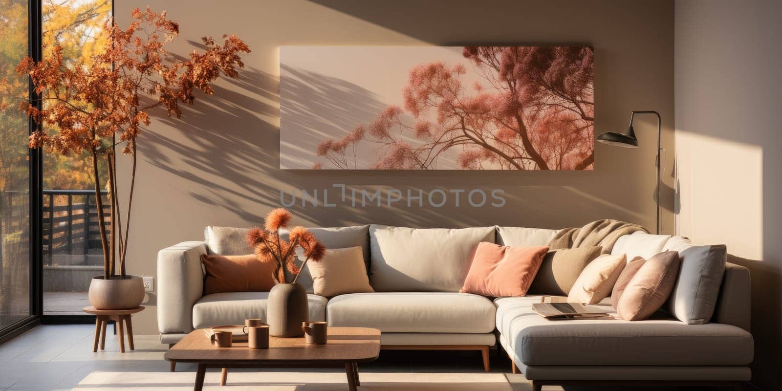 Contemporary apartment home interior design concept, casual design background concept, earthy materials and color tones, details, beautiful concept in the morning sunlight by Generative AI.