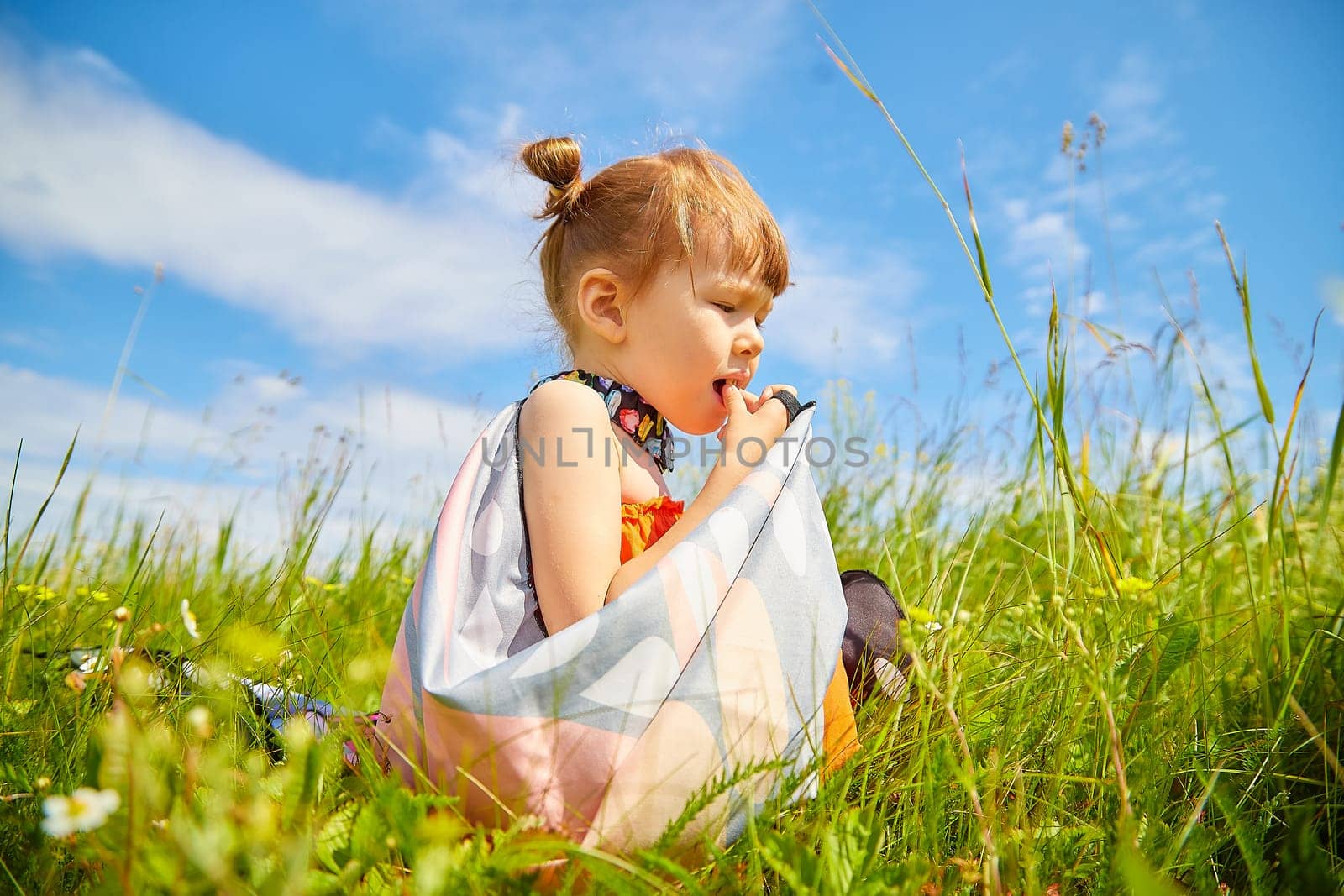 Portrait of little girl with Asian eyes in a meadow or field with grass and flowers on a sunny summer day