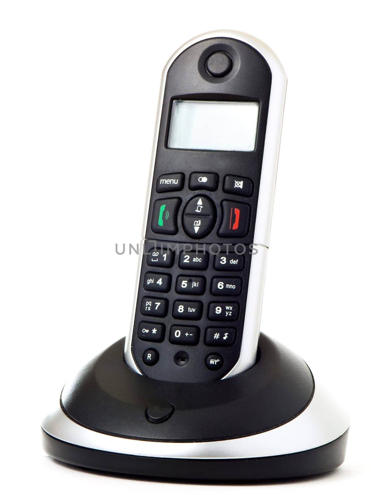 Wireless black telephone with cradle isolated on white background