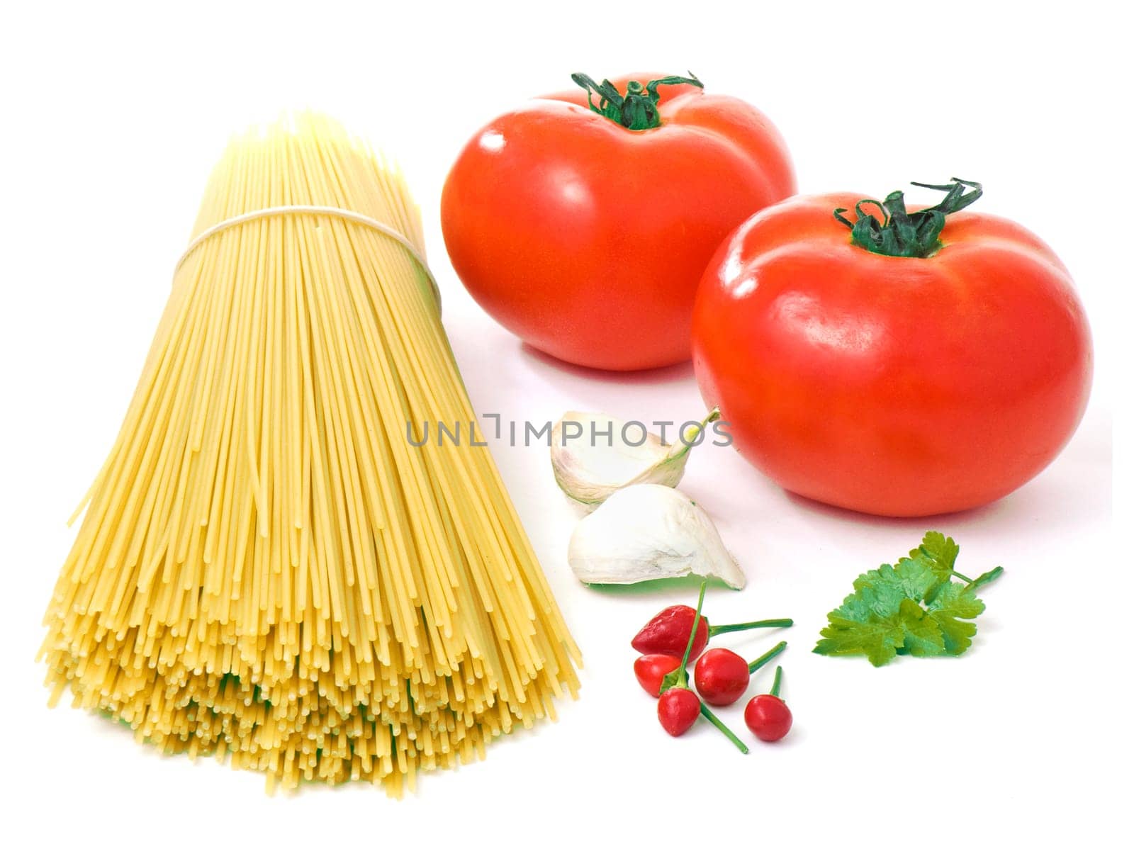 Materially for spaghettis, tomatoes, peppers, garlic, parsley, over a white background