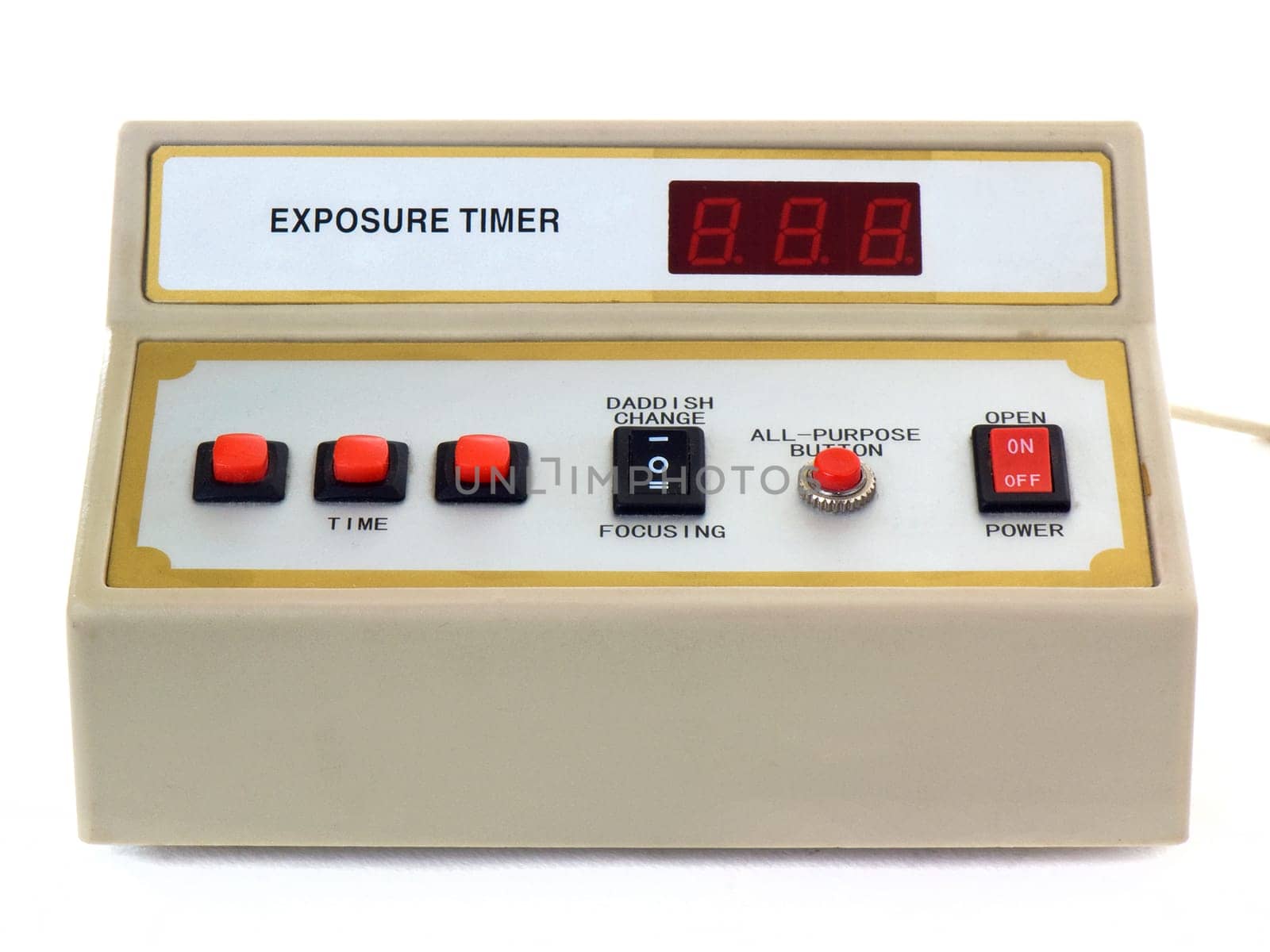 Digital exposure timer computer for darkroom, isolated on white background