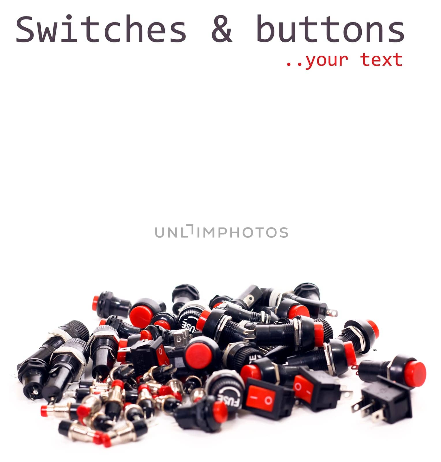 Switches, buttons, fuses, electronic components, technology on white background