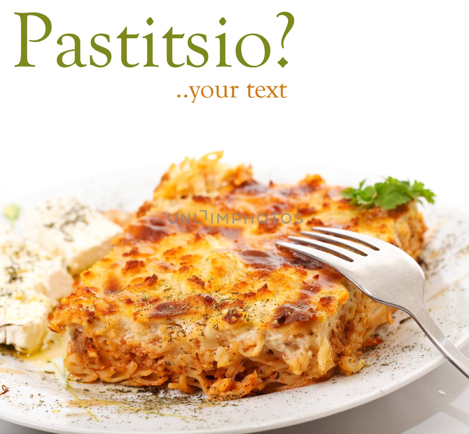 Pastitsio & feta cheese in a plate, greek traditional food, on white background