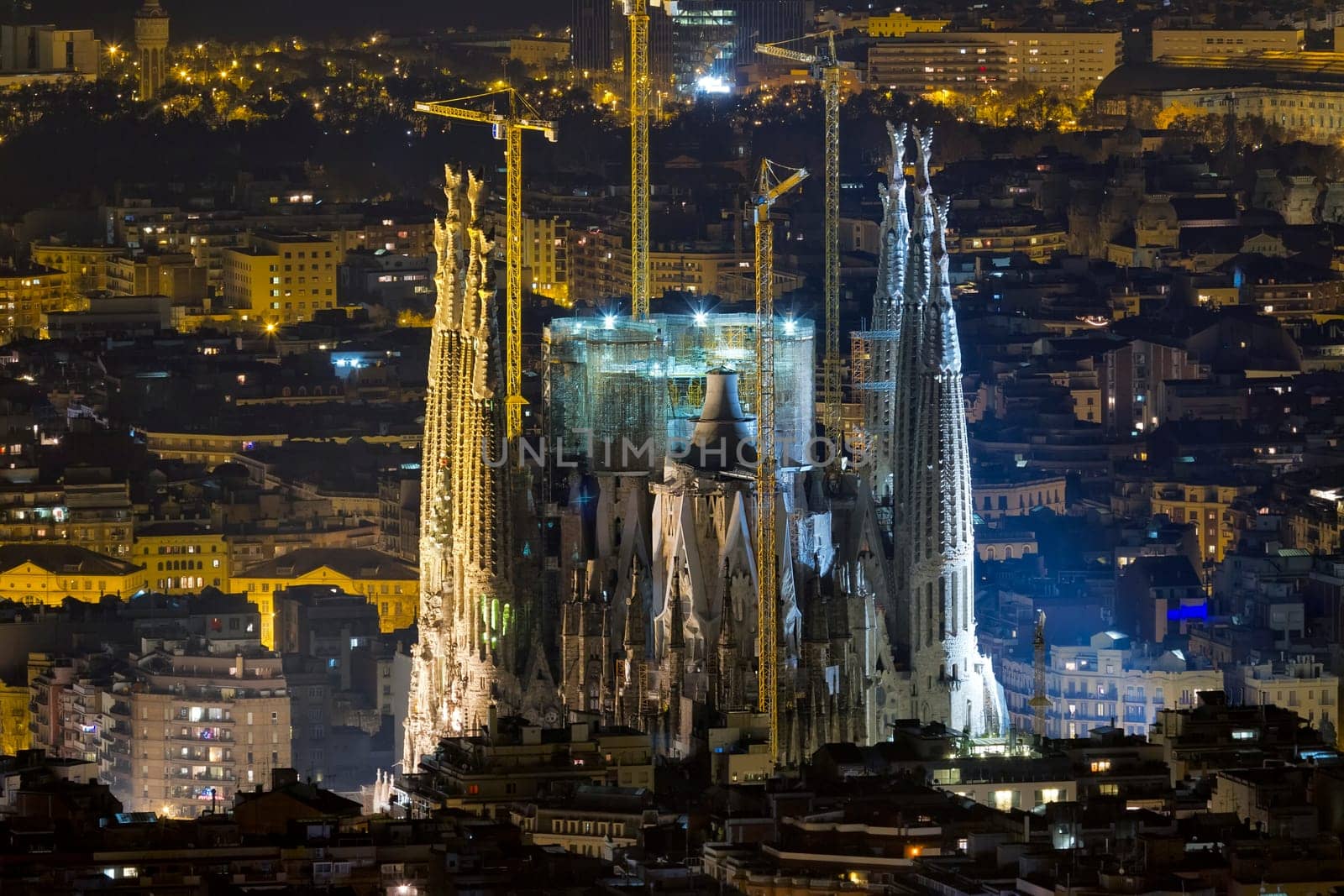 Sagrada Familia Barcelona Spain, illuminated night view