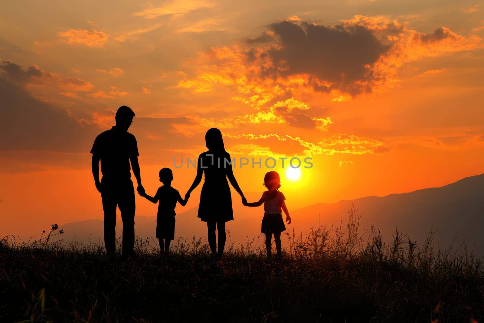 A magical family moment captured as they watch a vibrant summer sunset, creating a silhouette against the stunning evening sky, evoking joy and togetherness.