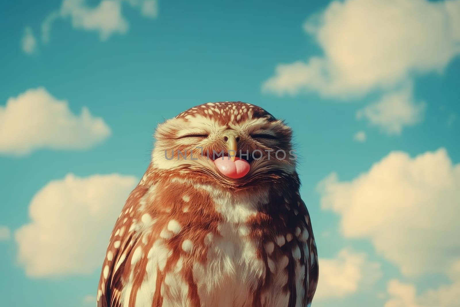 A grumpy yet hilarious owl sticks out its tongue, creating a funny expression against a backdrop of bright blue sky and fluffy clouds.
