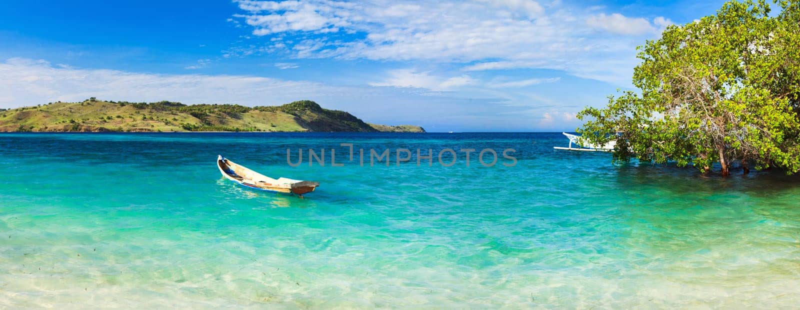 Seaspace panorama. Boat on the foreground