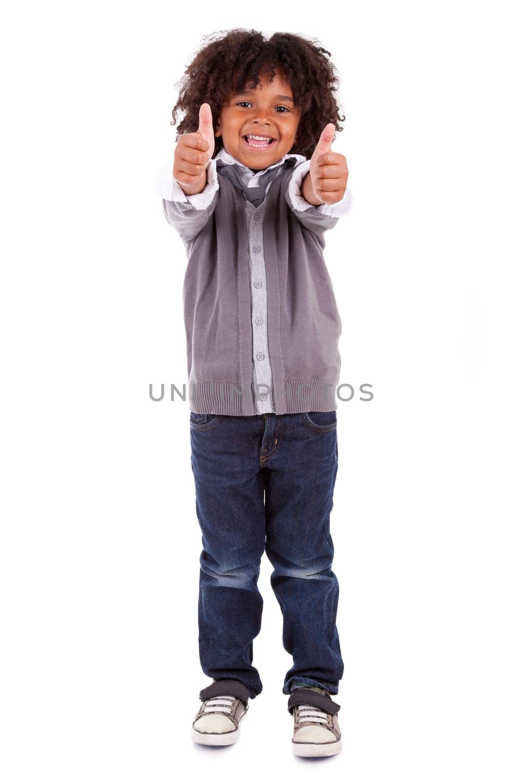 Portrait of a cute african little boy making thumbs up,isolated on white background