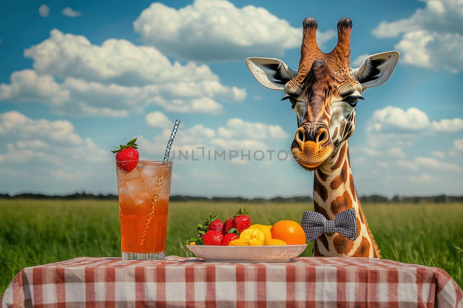 A charming dapper giraffe adorned with a bow tie sits at a picnic table filled with colorful fruits and a refreshing drink, surrounded by a bright, sunny landscape.