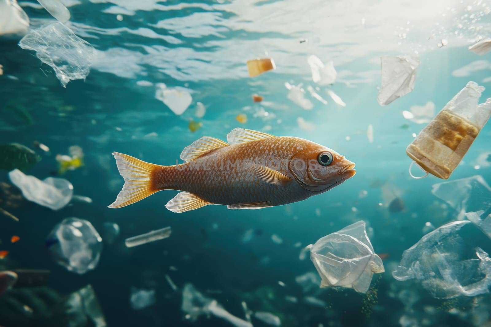 This underwater scene captures a fish swimming through a marine environment laden with plastic debris, highlighting the impact of pollution on ocean wildlife.