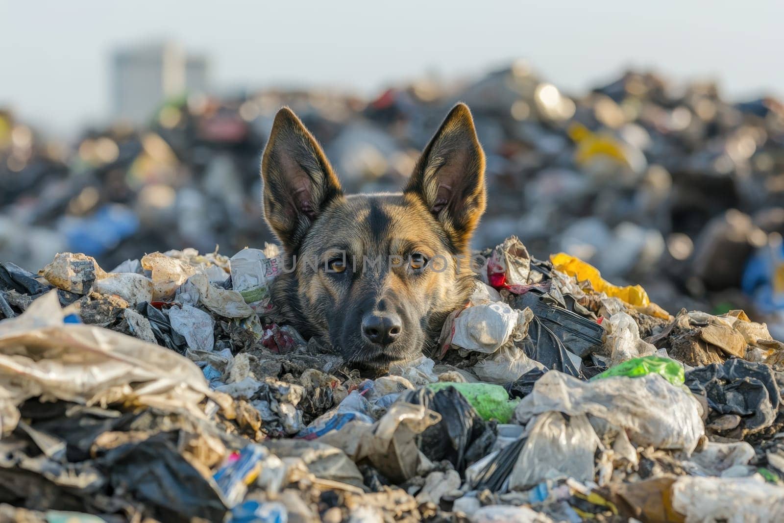 A stray dog appears to search for food among a mountain of trash, highlighting the plight of animals in urban environments and the challenges they face.