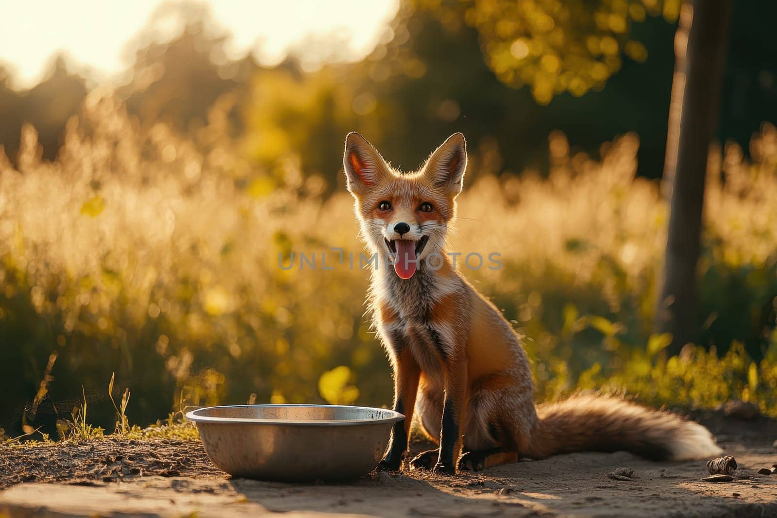 A playful fox sits near an empty food bowl, gazing curiously into the distance. The vibrant outdoor scene captures the essence of wildlife under the warm evening sunlight.