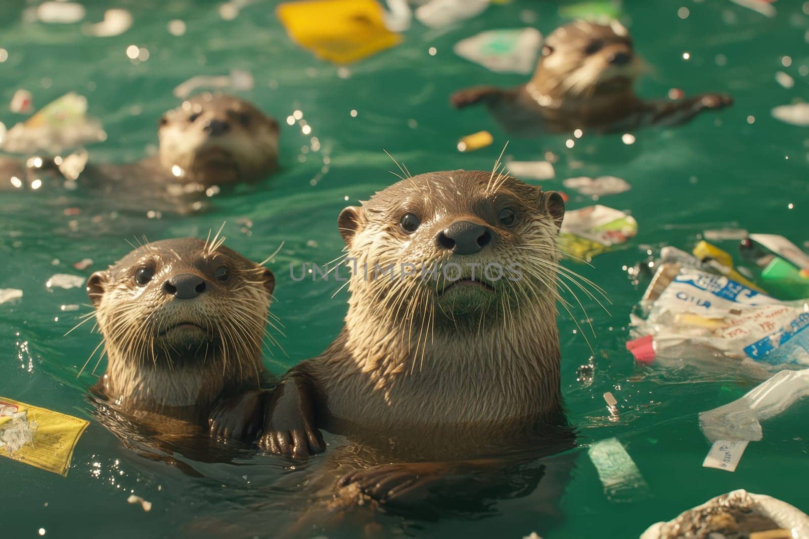 A family of otters swims through a river, surrounded by debris, showcasing their playful nature in a vibrant aquatic environment.
