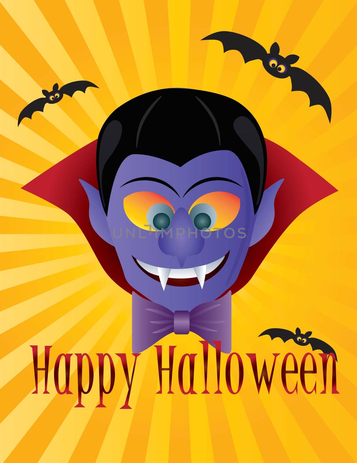 Happy Halloween Count Dracula with Bats Sun Rays and Text Illustration
