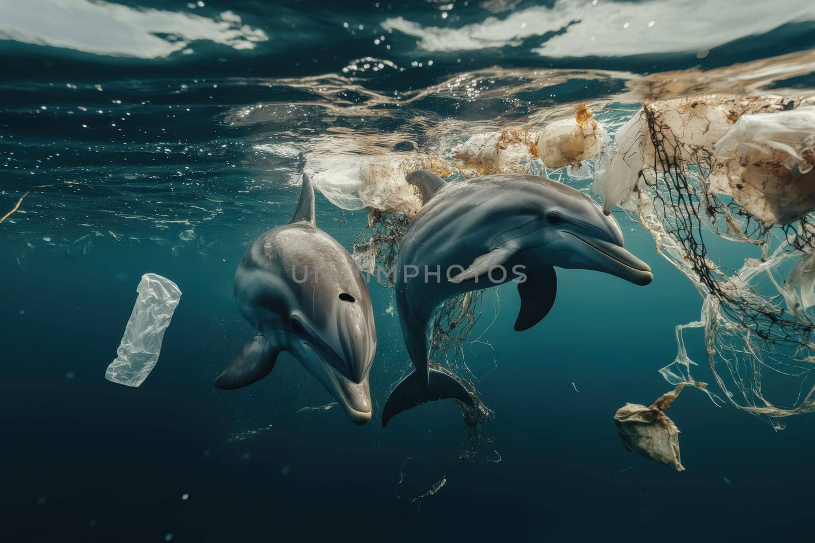Two dolphins leap gracefully through polluted ocean water, surrounded by plastic debris. This striking scene highlights the impact of pollution on marine life.