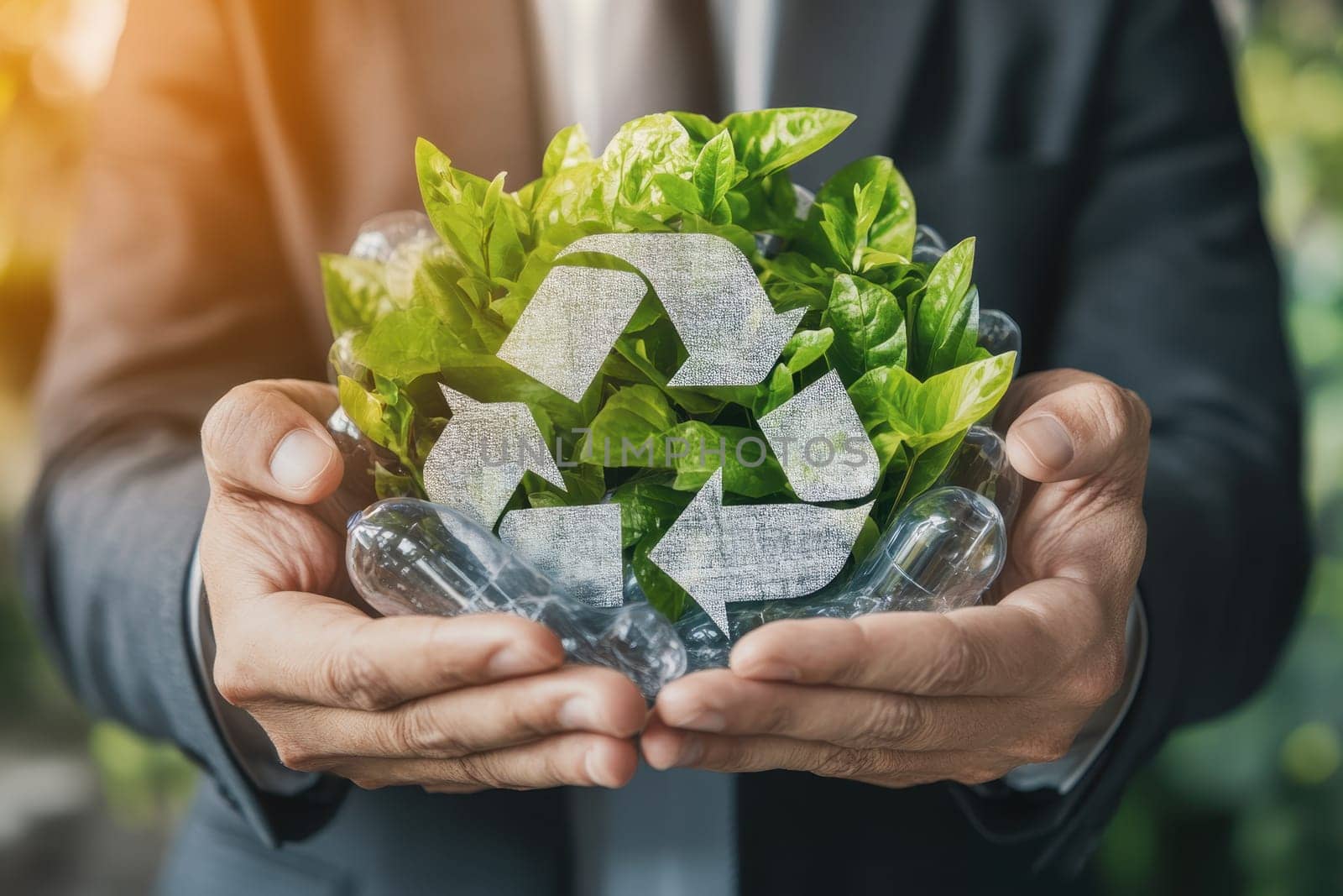 A business executive holds a digital report about sustainability, promoting eco-friendly practices and environmental responsibility in corporate strategy.