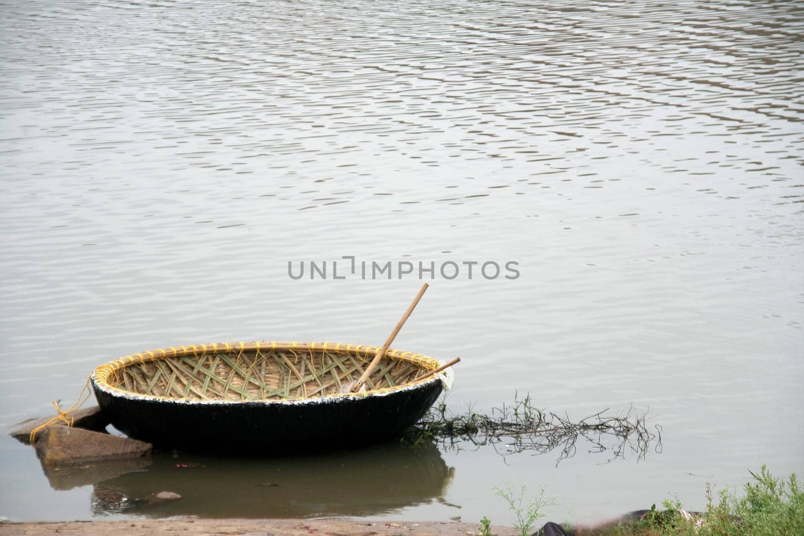Newly built coracle along with row stick