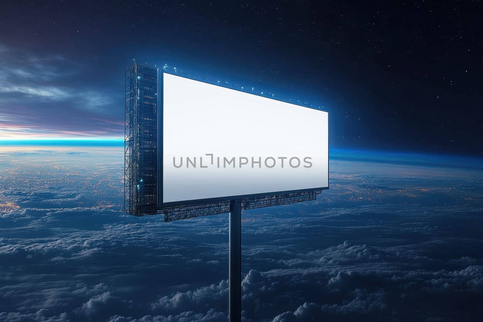 A mesmerizing image of a floating futuristic billboard, set against a stunning twilight backdrop of Earth and clouds, symbolizing modern advertising in space.