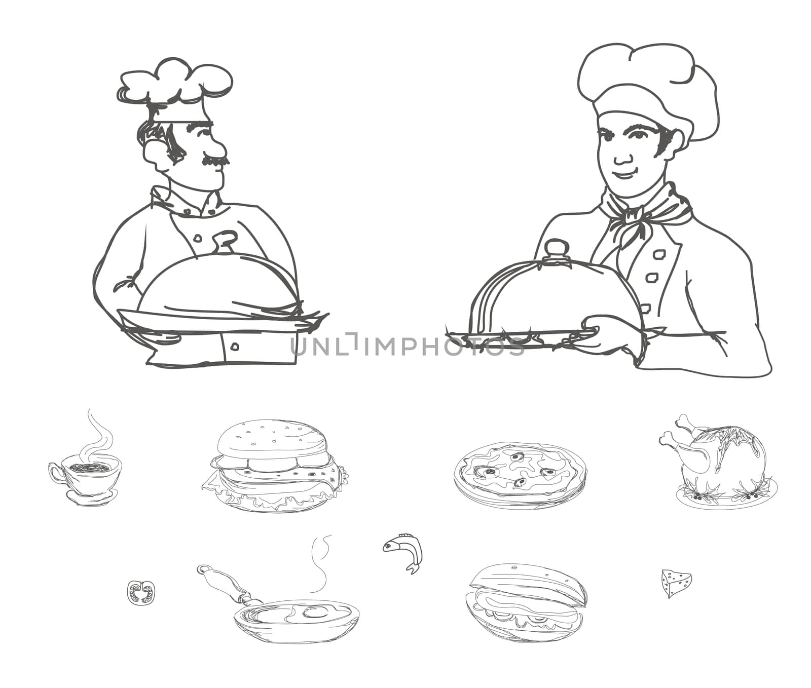 Cheerful chef serving dishes , doodle illustration set