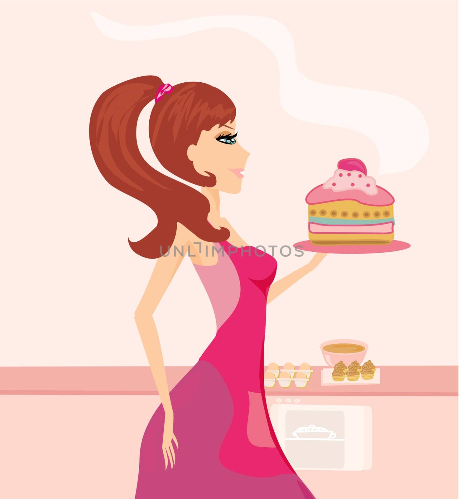 beautiful Housewife cooking cake in the kitchen