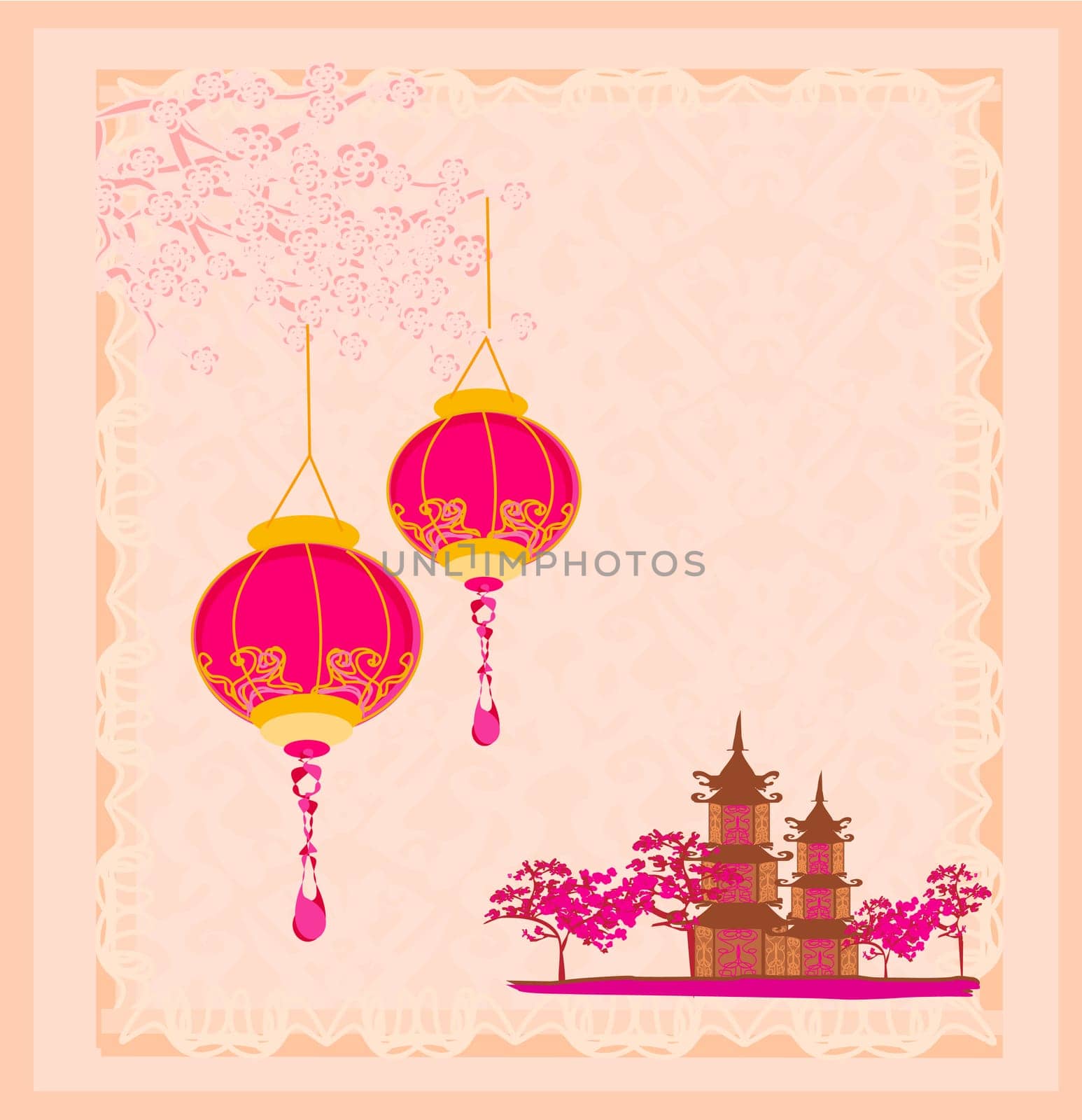 old paper with Asian Landscape and Chinese Lanterns - vintage japanese style background