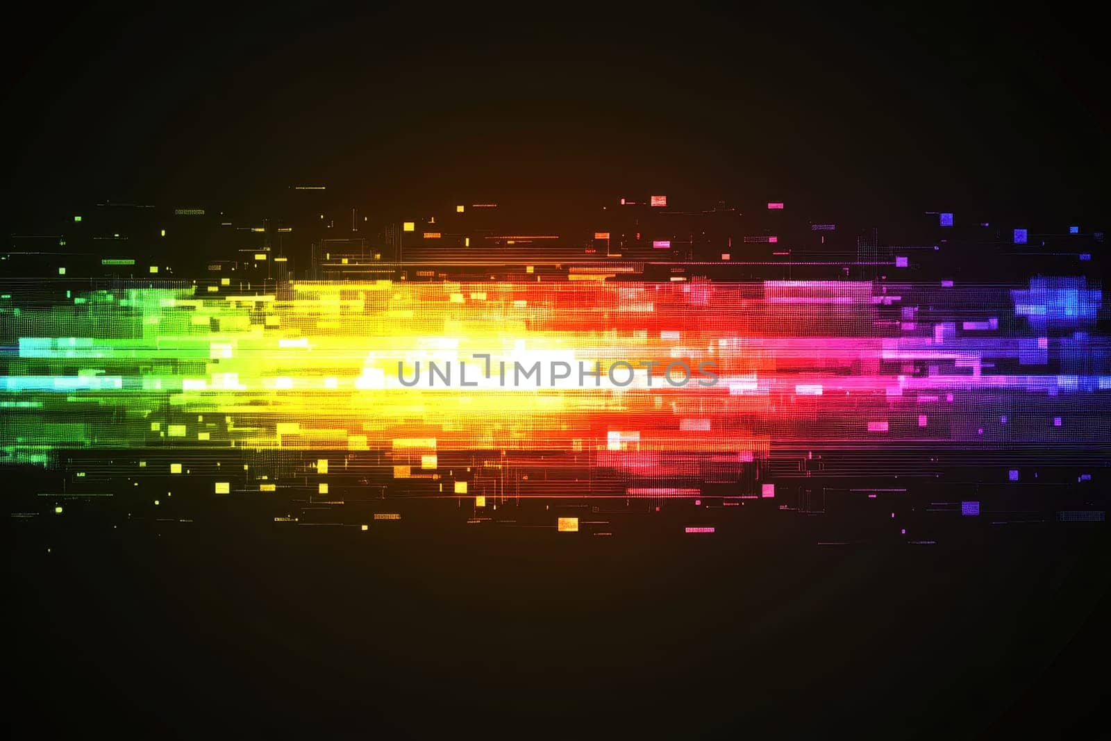 Explore this vibrant futuristic background featuring pixelated rainbow colors, perfect for creative projects, digital art, and modern designs.
