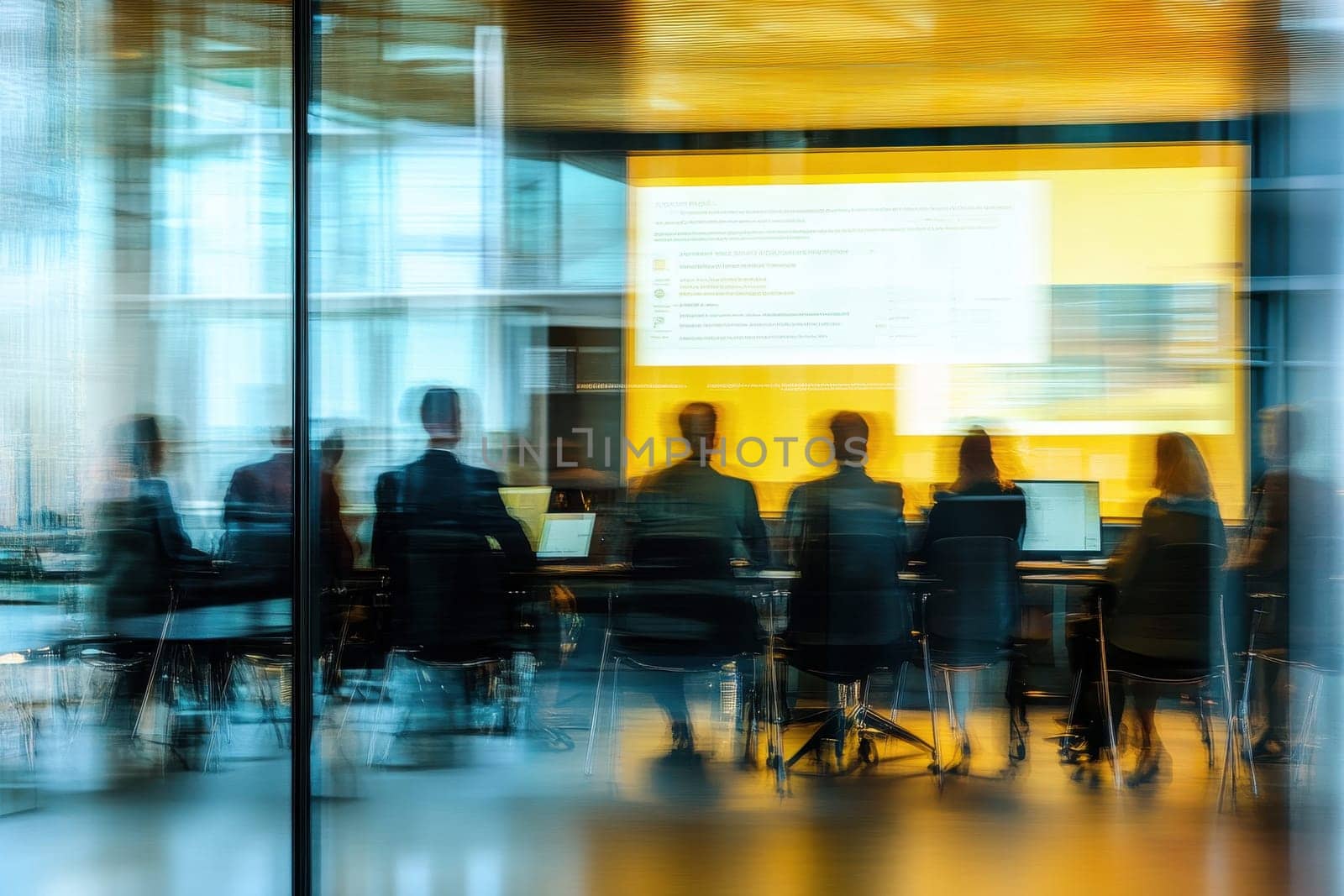 A modern business meeting occurs behind a glass wall, showcasing silhouettes of professionals engaged in discussion and collaboration. The vibrant screen displays key information in a corporate setting.