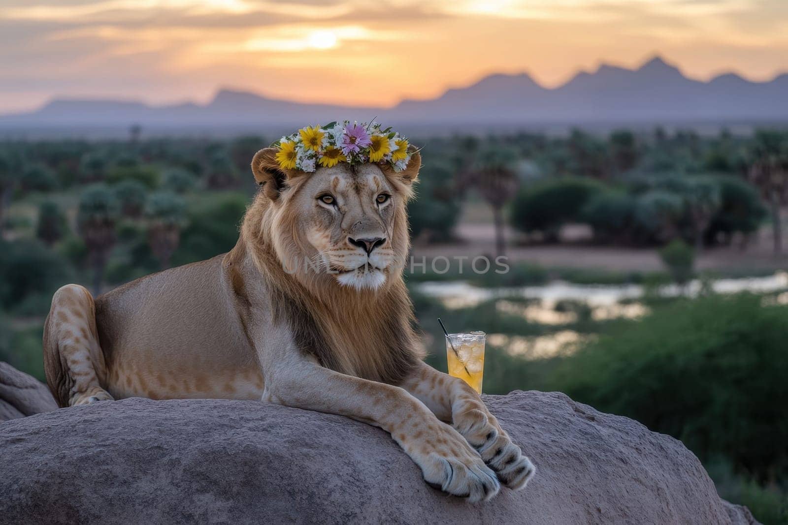 A majestic lion adorned with a floral crown relaxes on a rock with a refreshing drink while a stunning sunset sets the scenic atmosphere.