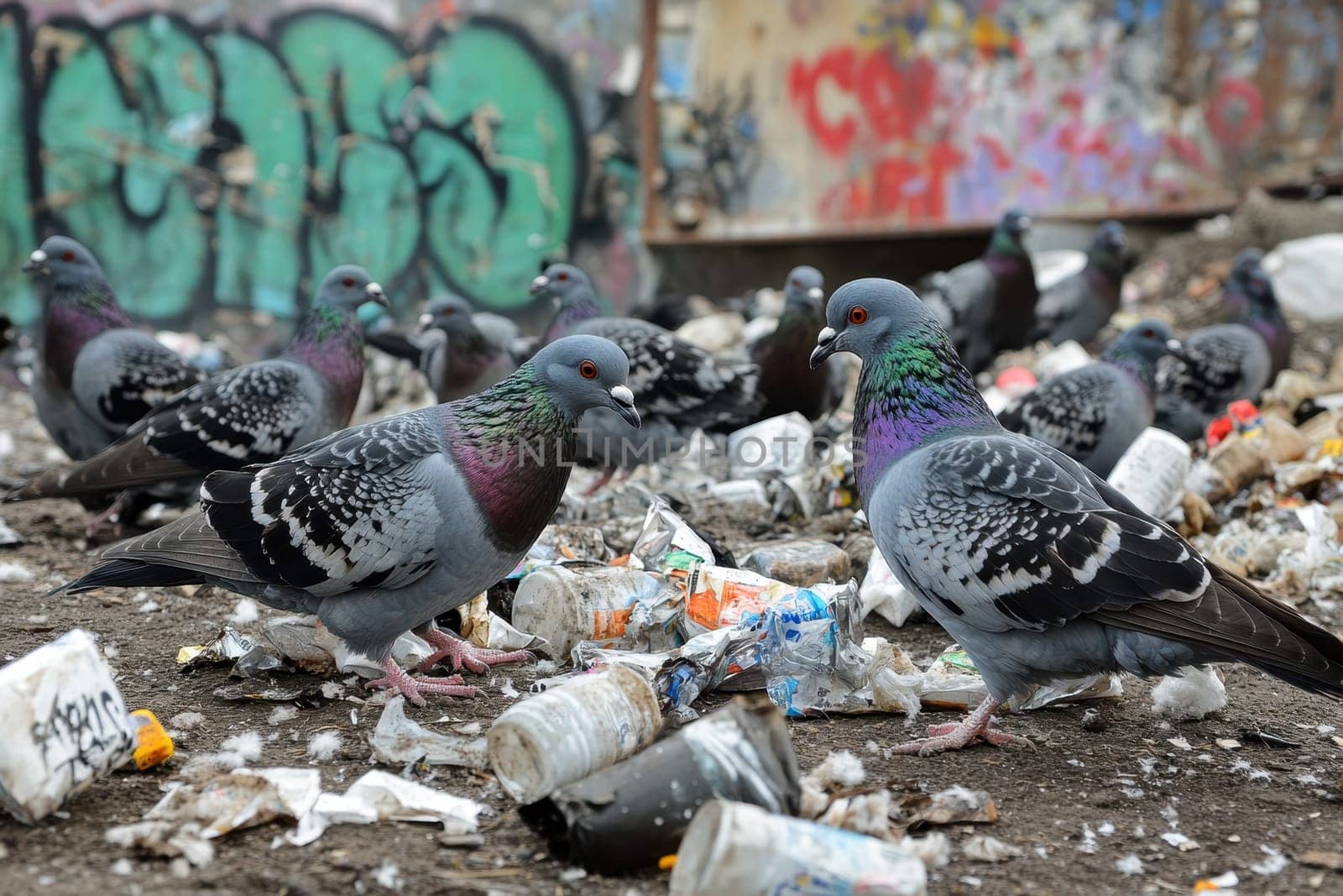 A diverse group of pigeons scavenges through scattered food wrappers and debris in an urban setting, highlighting wildlife adaptation to pollution and waste.