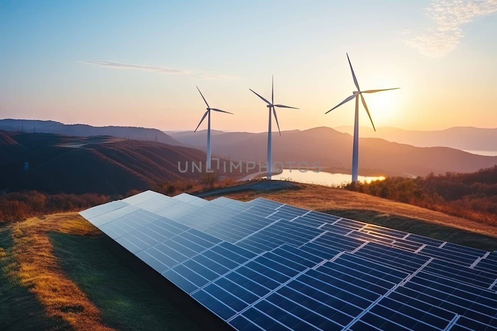 Creating sustainable energy using solar panels and wind farms is enterprise friendly. The concept of clean and sustainable development. Generative AI by wichayada