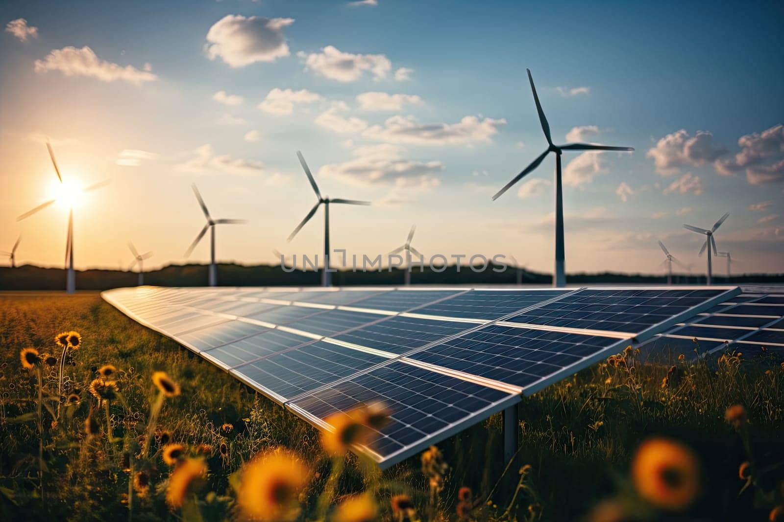 Creating sustainable energy using solar panels and wind farms is enterprise friendly. The concept of clean and sustainable development. Generative AI.