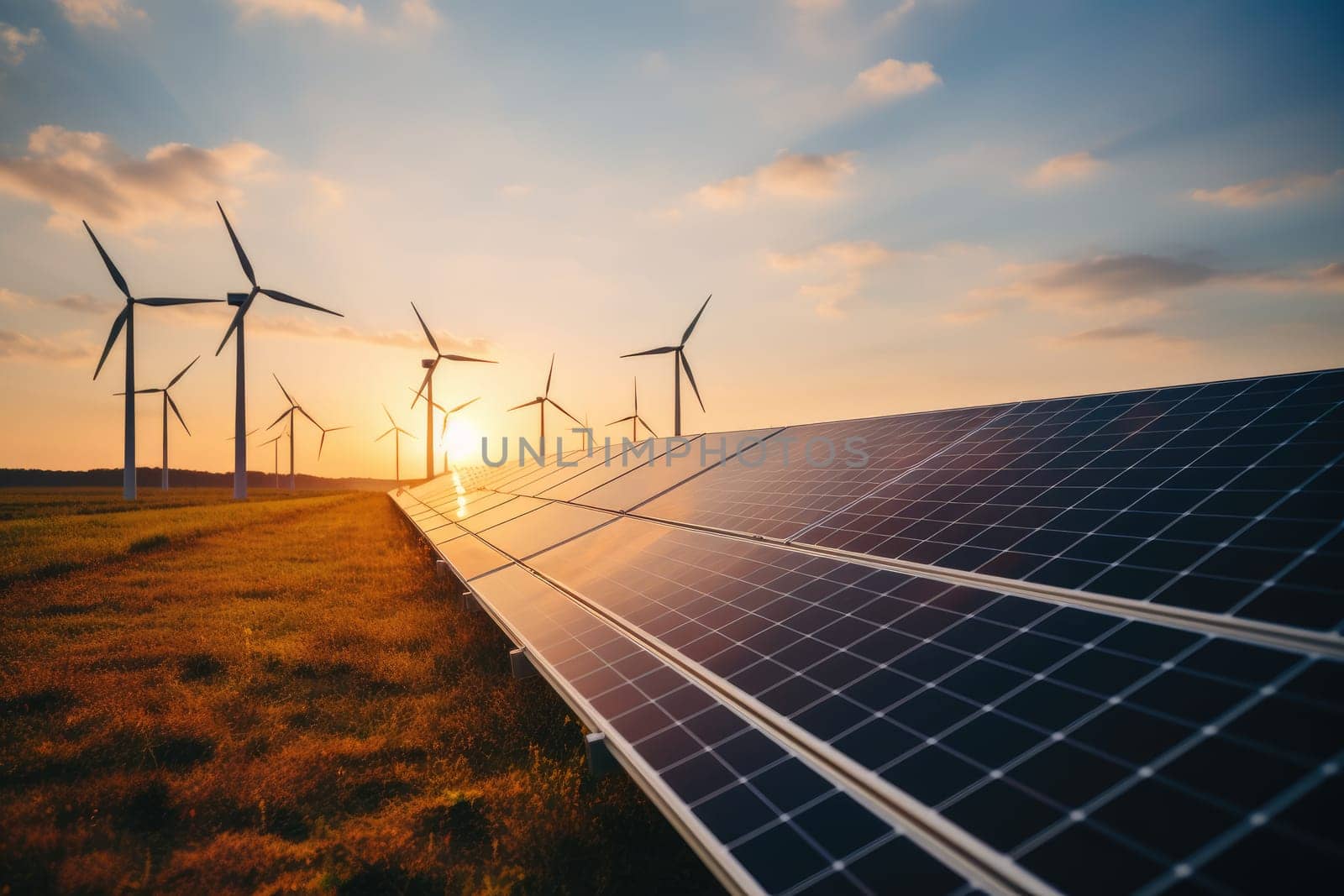 Creating sustainable energy using solar panels and wind farms is enterprise friendly. The concept of clean and sustainable development. Generative AI.