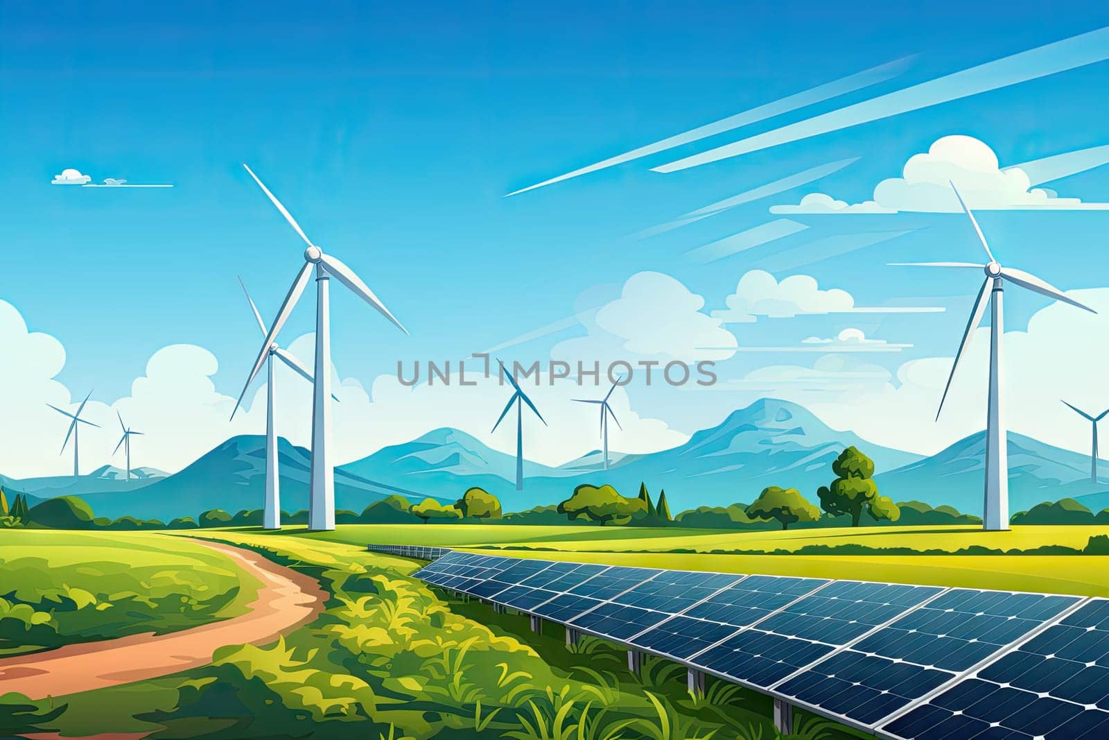 Creating sustainable energy using solar panels and wind farms is enterprise friendly. The concept of clean and sustainable development. Generative AI by wichayada