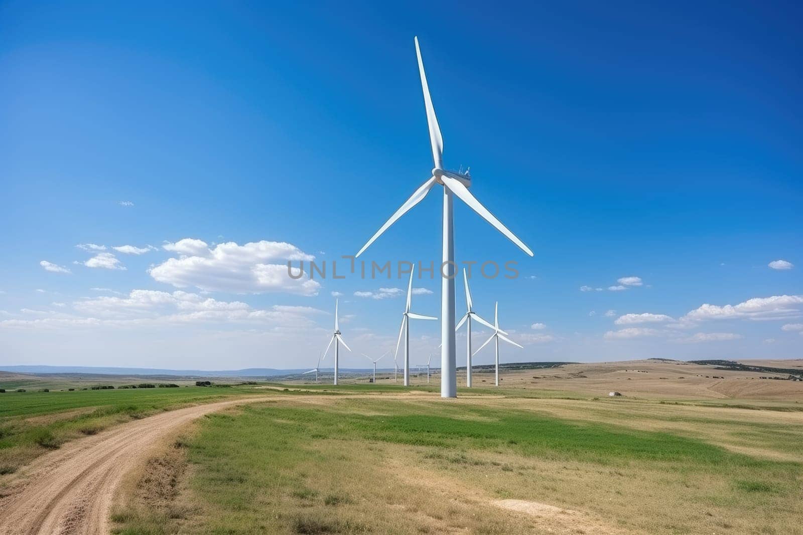 Creating sustainable energy using solar panels and wind farms is enterprise friendly. The concept of clean and sustainable development. Generative AI by wichayada