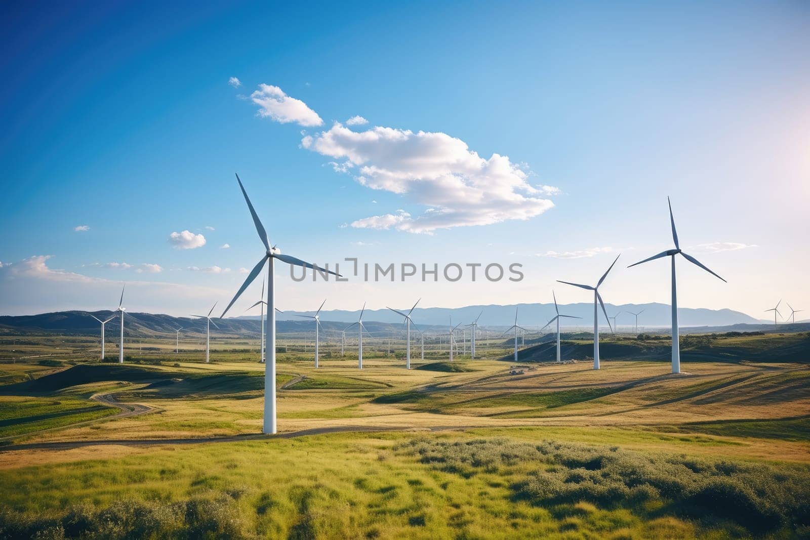 Creating sustainable energy using solar panels and wind farms is enterprise friendly. The concept of clean and sustainable development. Generative AI.