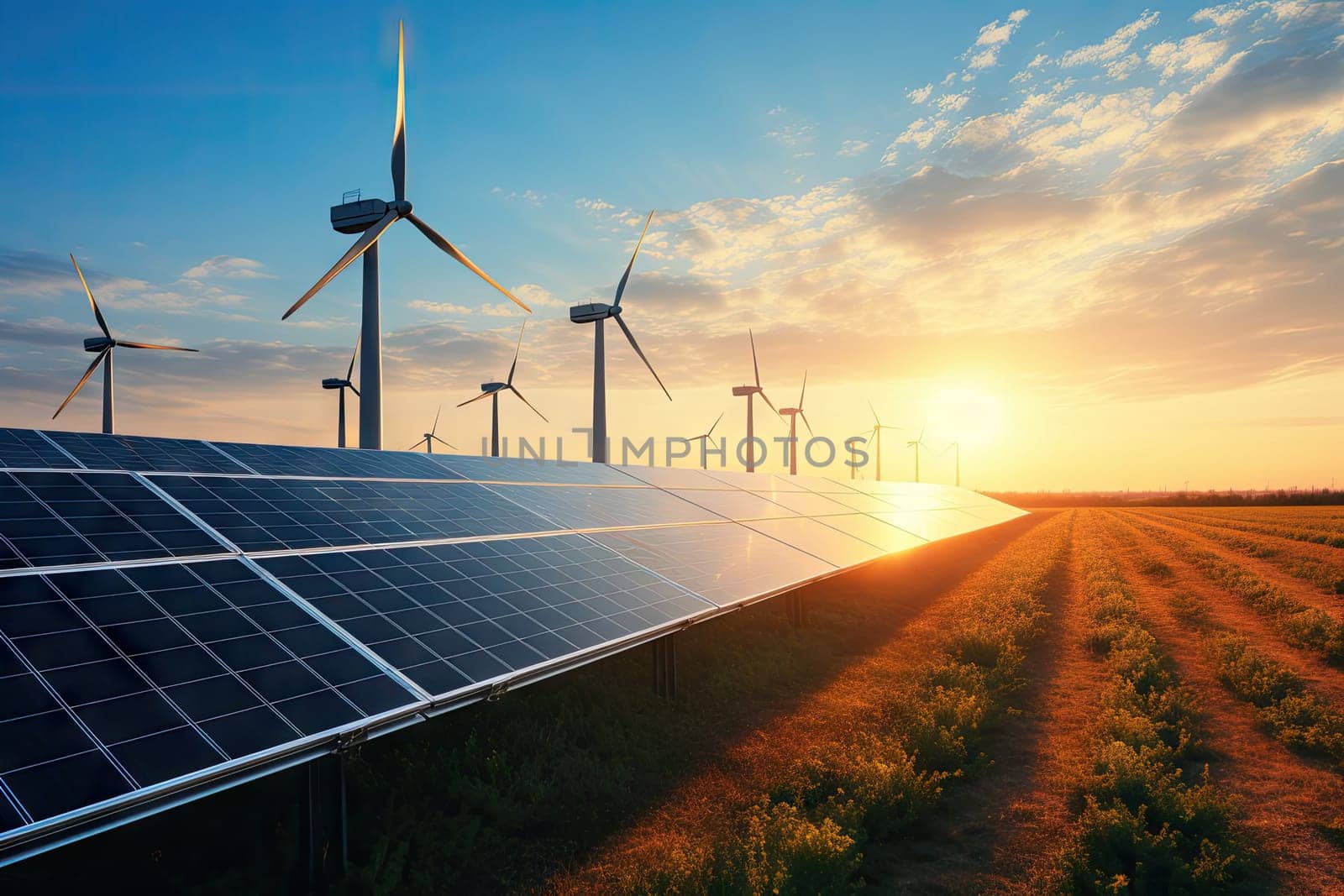 Creating sustainable energy using solar panels and wind farms is enterprise friendly. The concept of clean and sustainable development. Generative AI by wichayada