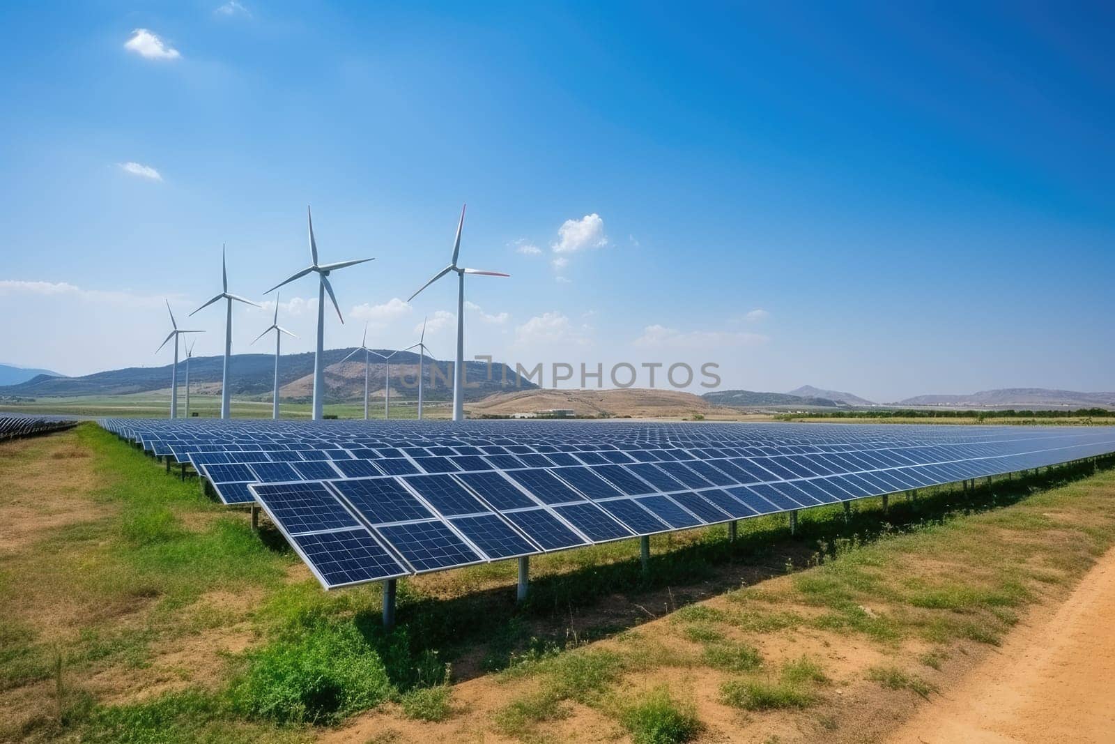 Creating sustainable energy using solar panels and wind farms is enterprise friendly. The concept of clean and sustainable development. Generative AI.