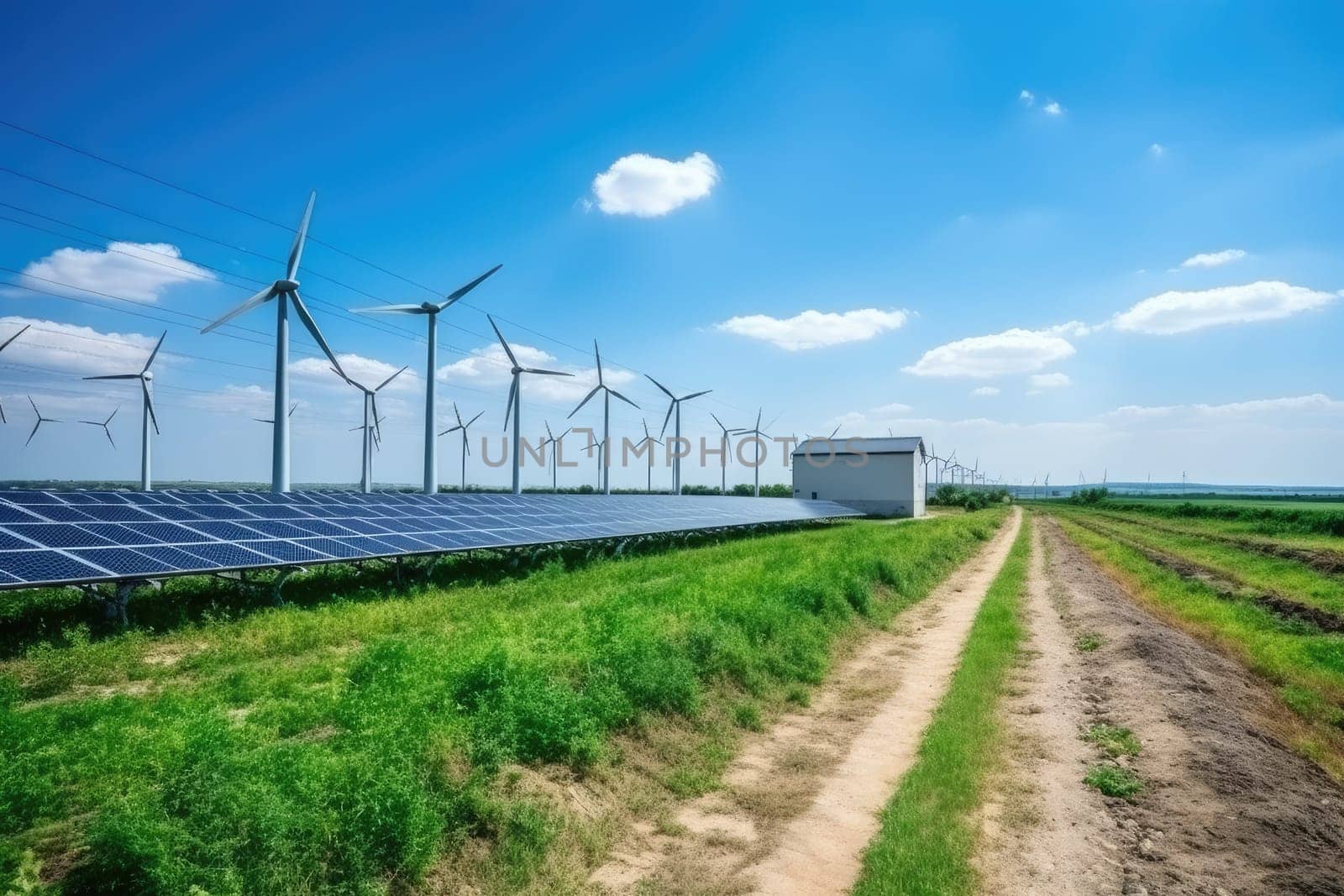 Creating sustainable energy using solar panels and wind farms is enterprise friendly. The concept of clean and sustainable development. Generative AI.