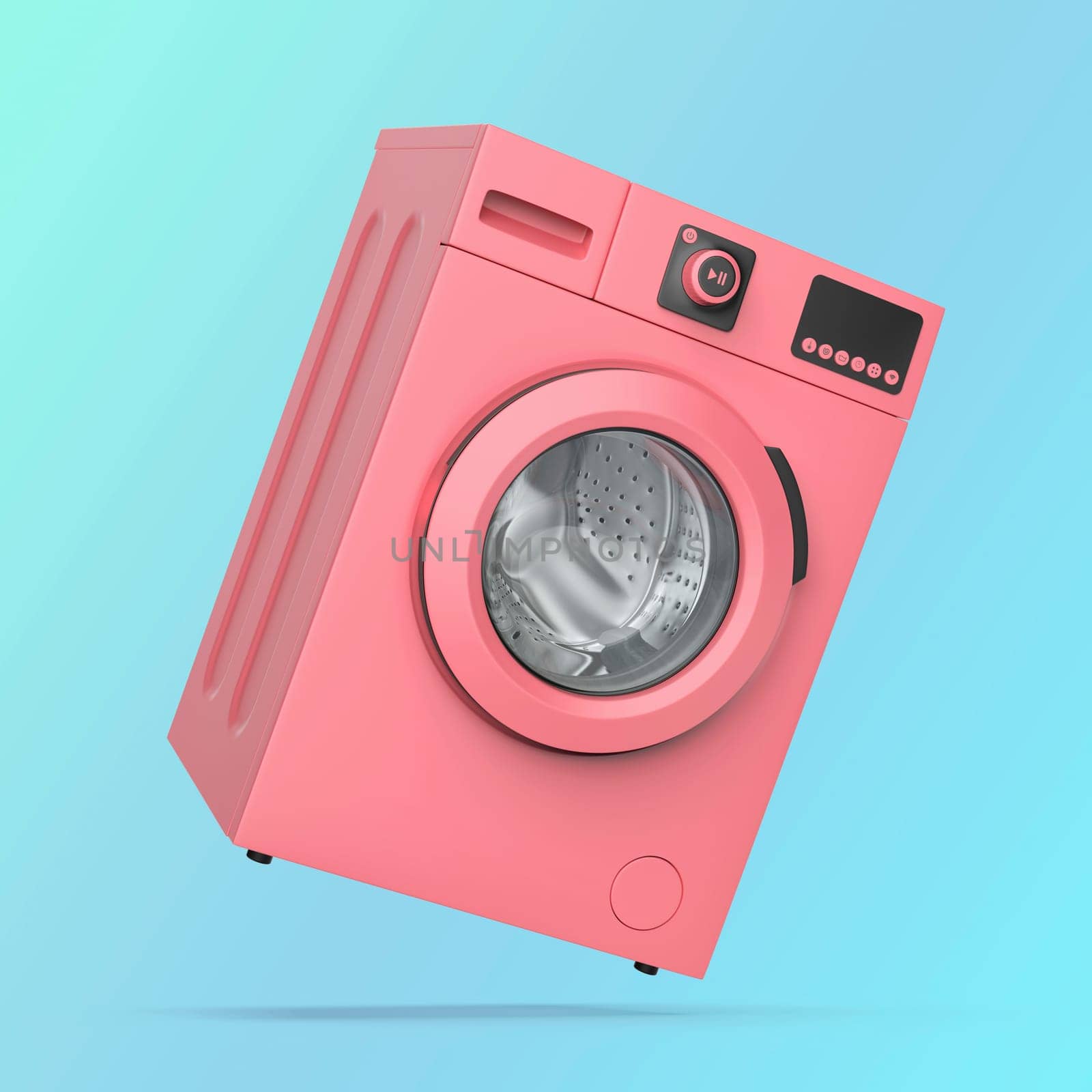 Modern pink washing machine on blue background