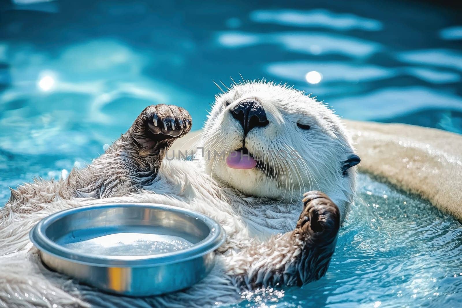 A sea otter floats blissfully on its back in shimmering water, playfully licking its lips beside an empty food bowl, embodying relaxation and joy in its habitat.