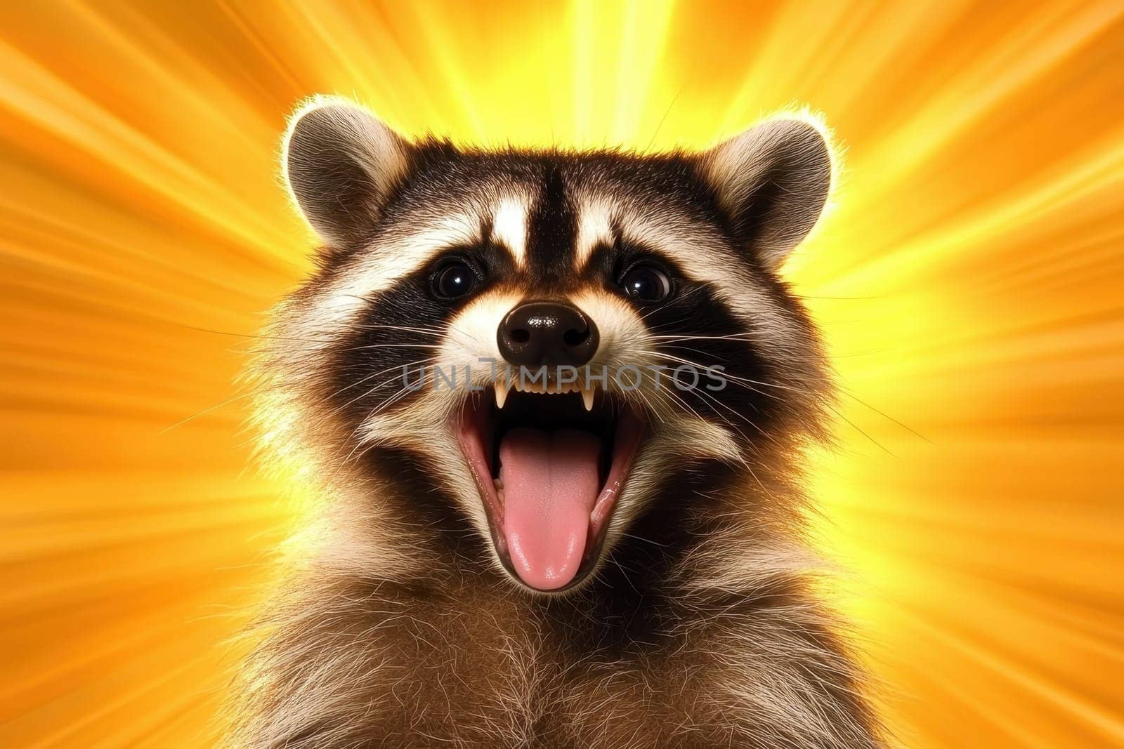 A curious raccoon tilts its head with mouth open, showcasing a playful expression against a bright yellow background, capturing a moment of joyous curiosity.