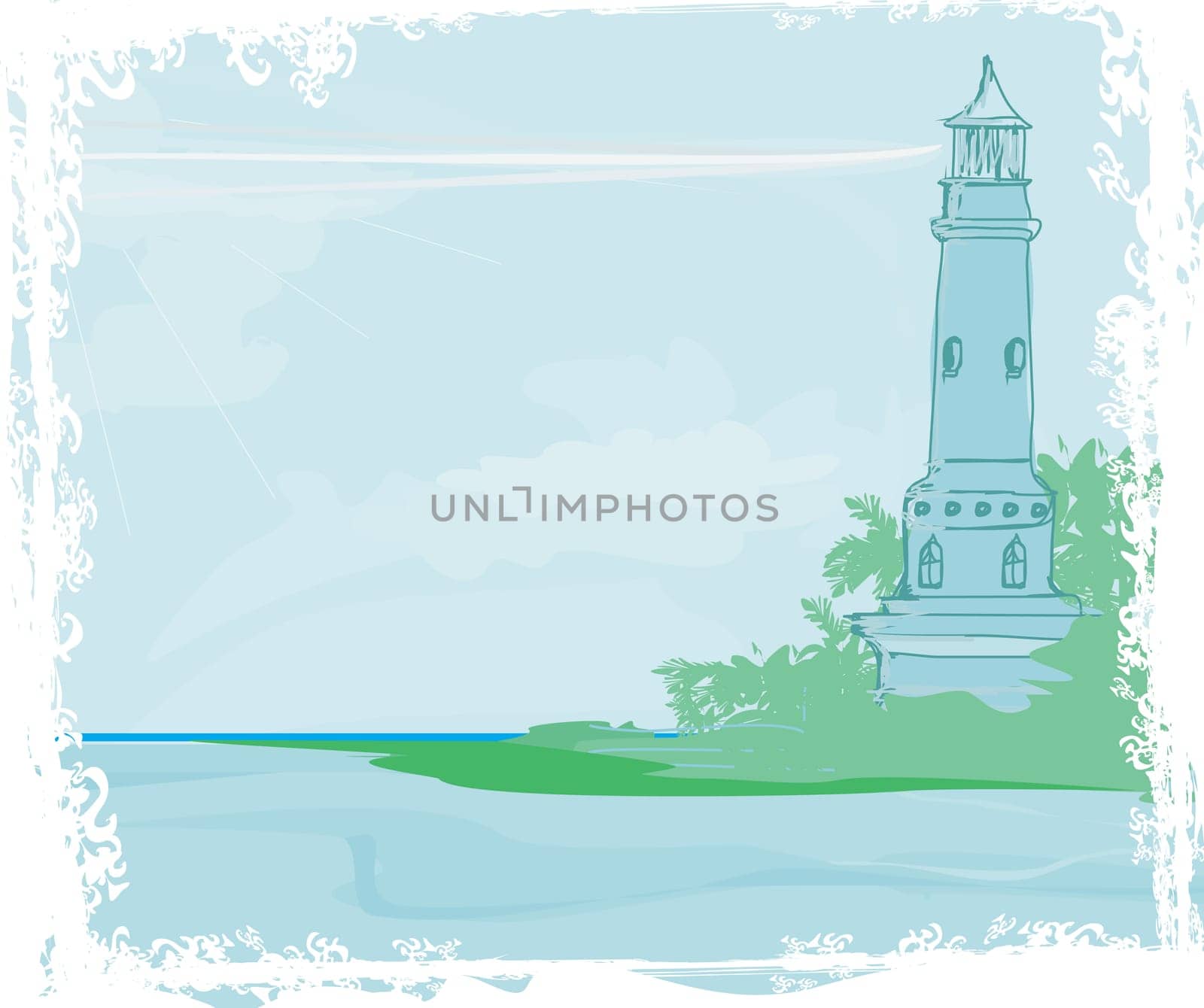 lighthouse seen from a tiny beach - Grunge Poster